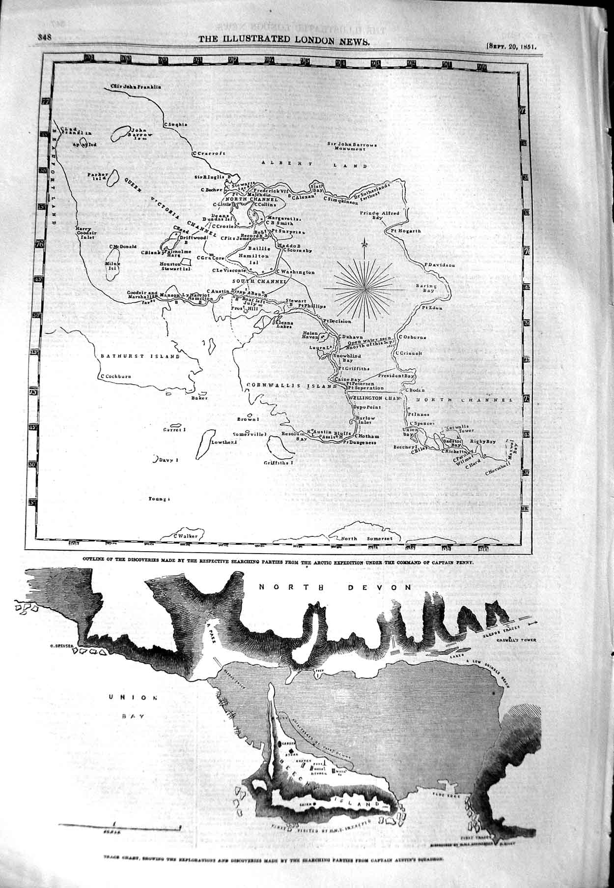 Original Old Antique Print 1851 Arctic Expedition Map Captain Penny Austin 19th