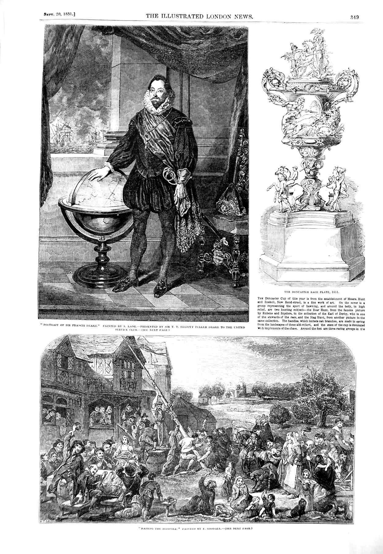 Original Old Antique Print 1851 Portrait Francis Drake Maypole Doncaster Prize