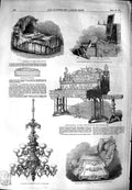 Original Old Antique Print 1851 Chandelier Cornelius Furniture Chair Bassinette