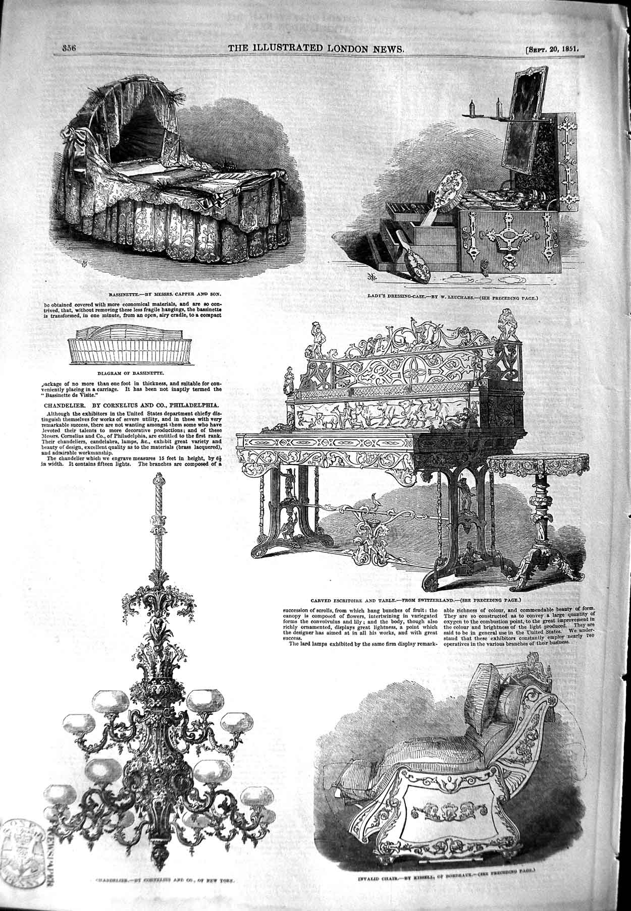 Original Old Antique Print 1851 Chandelier Cornelius Furniture Chair Bassinette