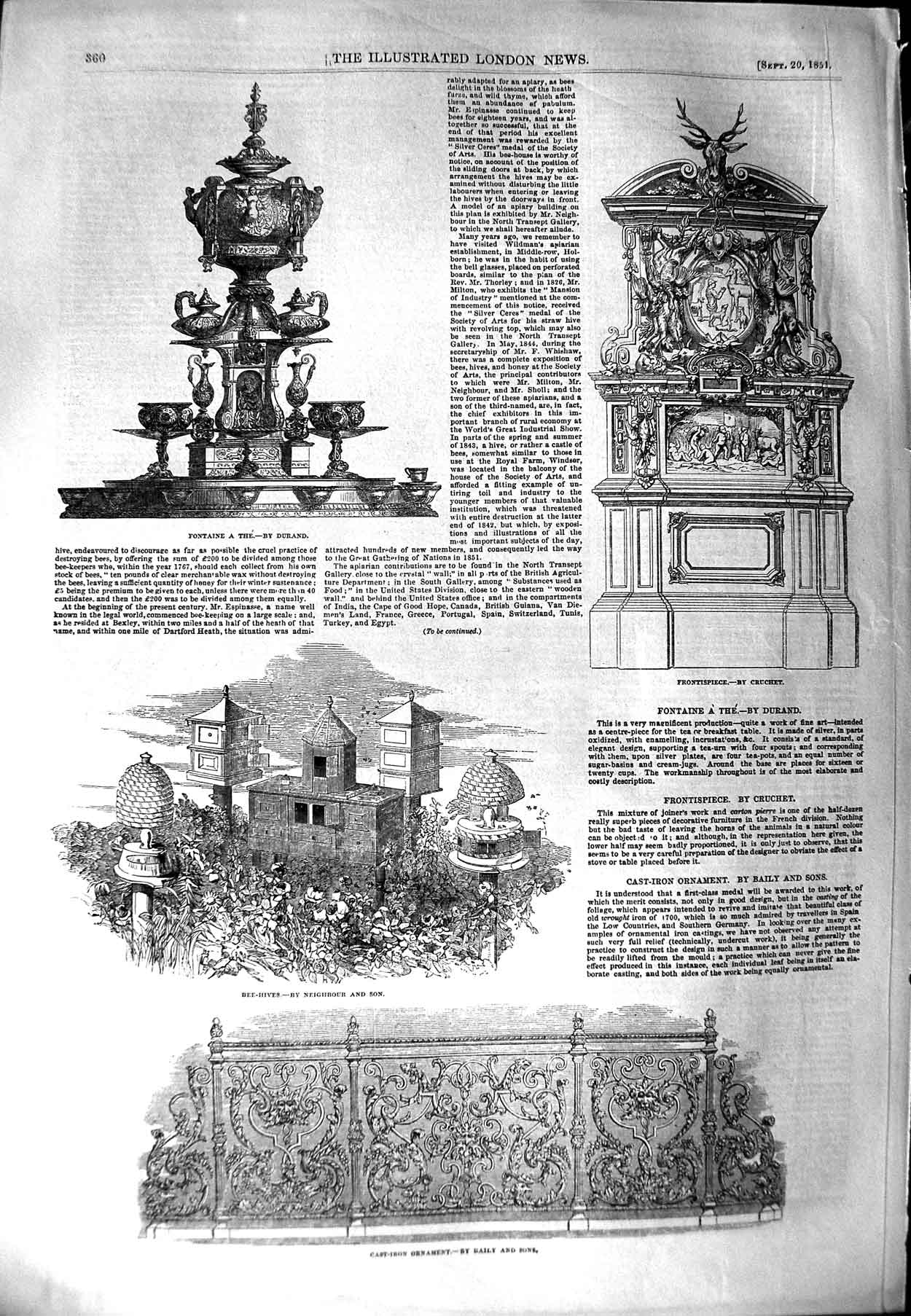 Original Old Antique Print 1851 Fontaine Bee-Hives Neighbour Cast-Iron Ornament