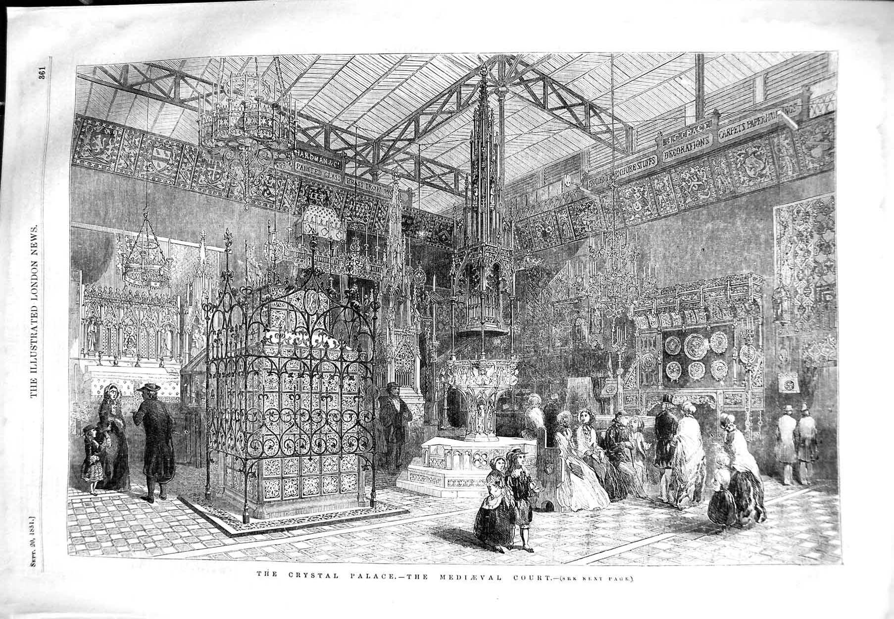 Original Old Antique Print 1851 Mediaeval Court Crystal Palace Exh Victorian