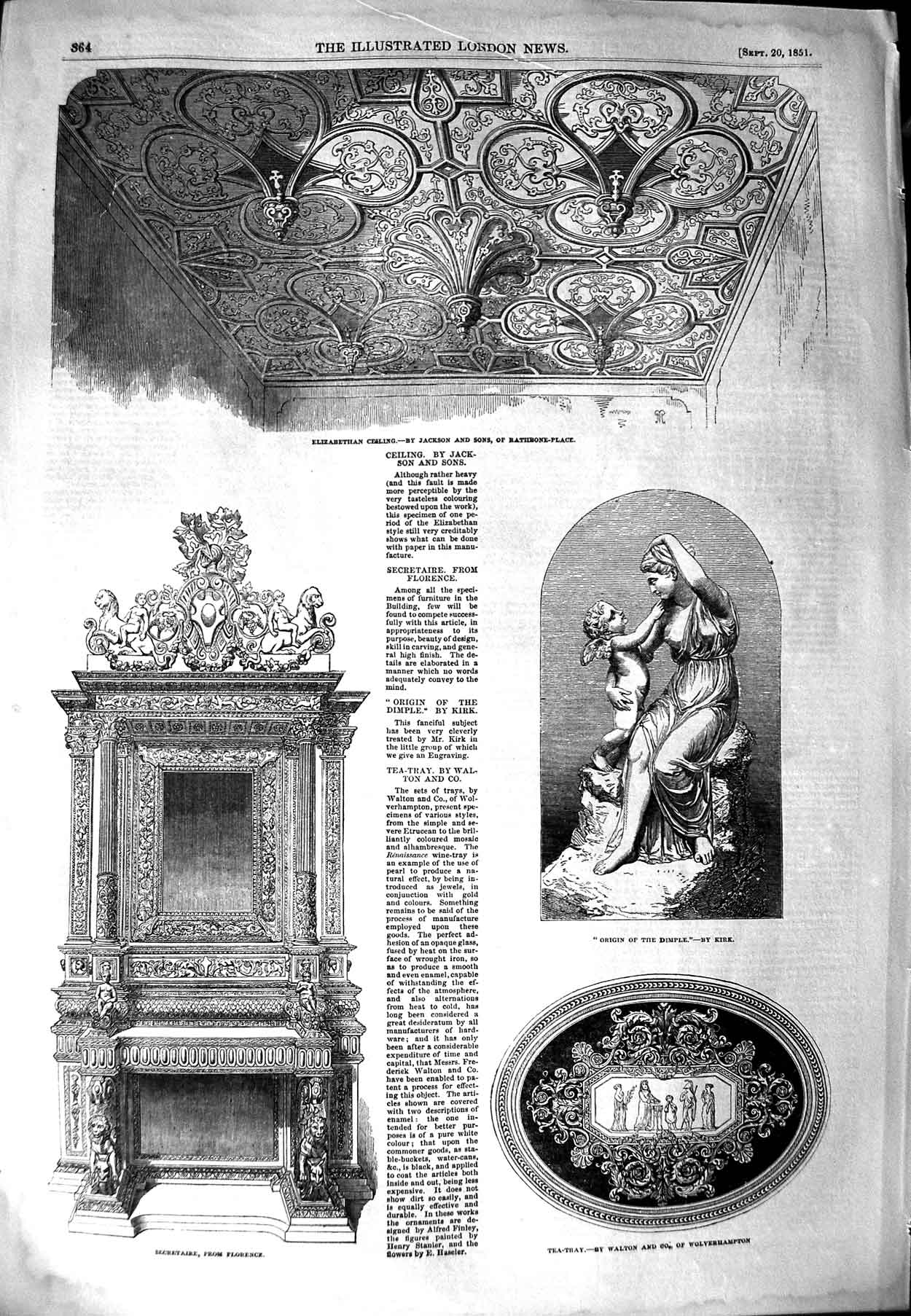 Original Old Antique Print 1851 Elizabethan Ceiling Secretaire Tea-Tray Jackson