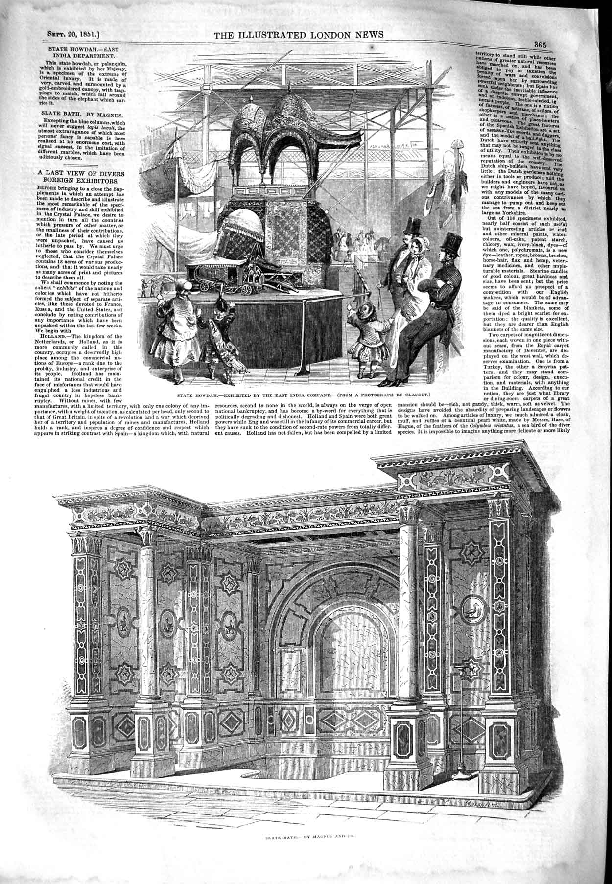 Original Old Antique Print 1851 Slate Bath Magnus State Howdah East India 19th