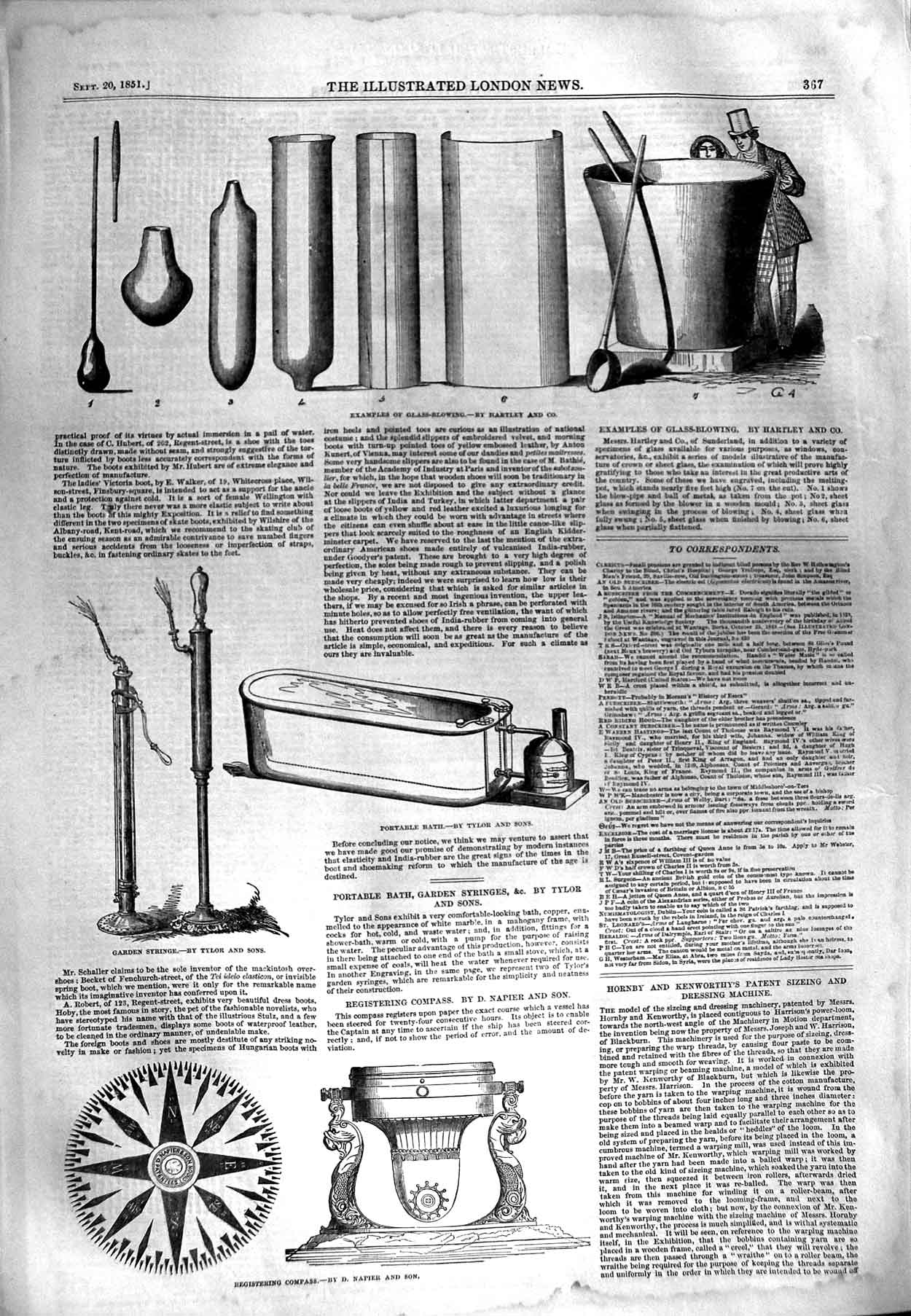 Original Old Antique Print 1851 Glass Blowing Bath Compass Bath Frame Portraits