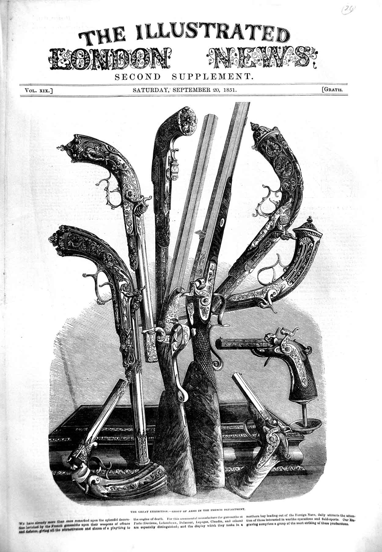 Original Old Antique Print 1851 Great Exhibition Group Arms French Weapons 19th