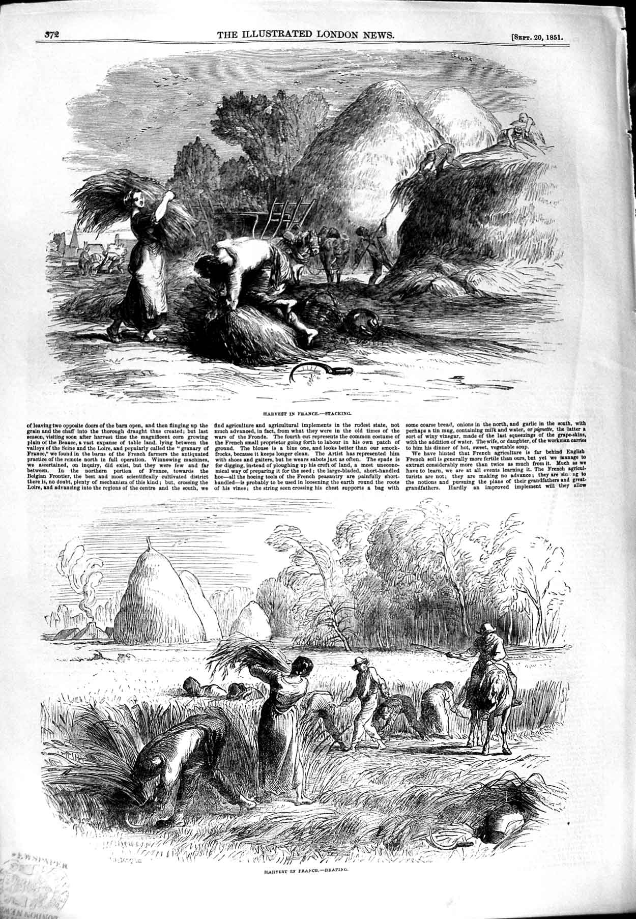Original Old Antique Print 1851 Harvest France Reaping Stacking Farming Straw
