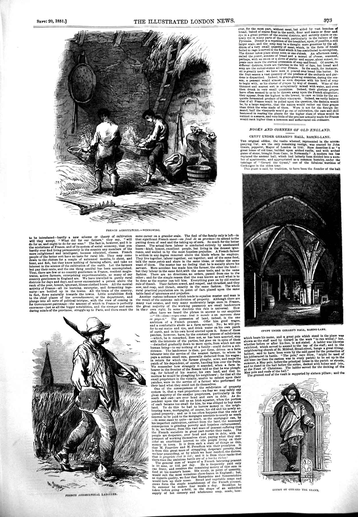 Old Antique Print 1851 French Agriculture Winnowing Labourer Crypt Gerard 19th