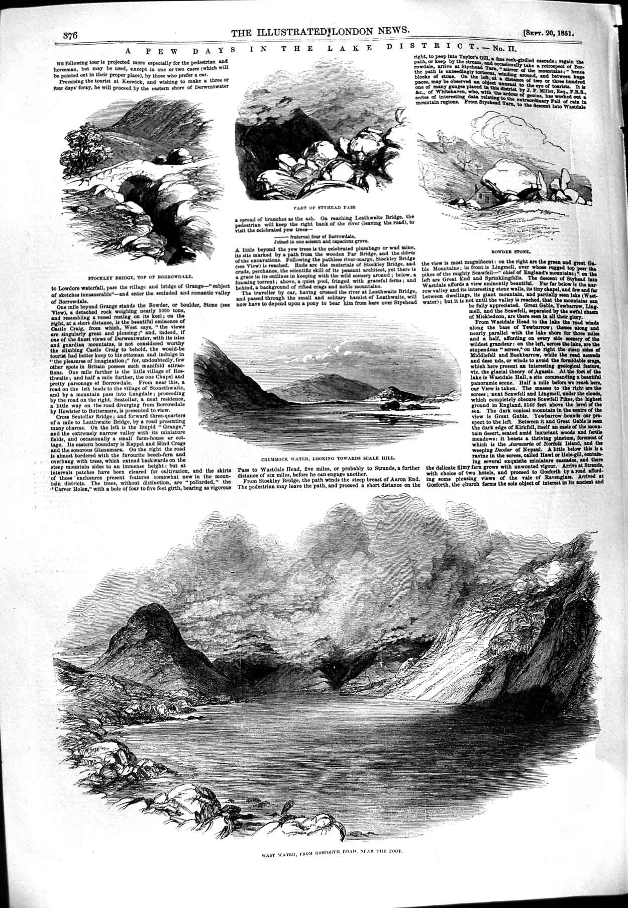 Original Old Antique Print 1851 Lake District Stockley Wast Crummock Water 19th