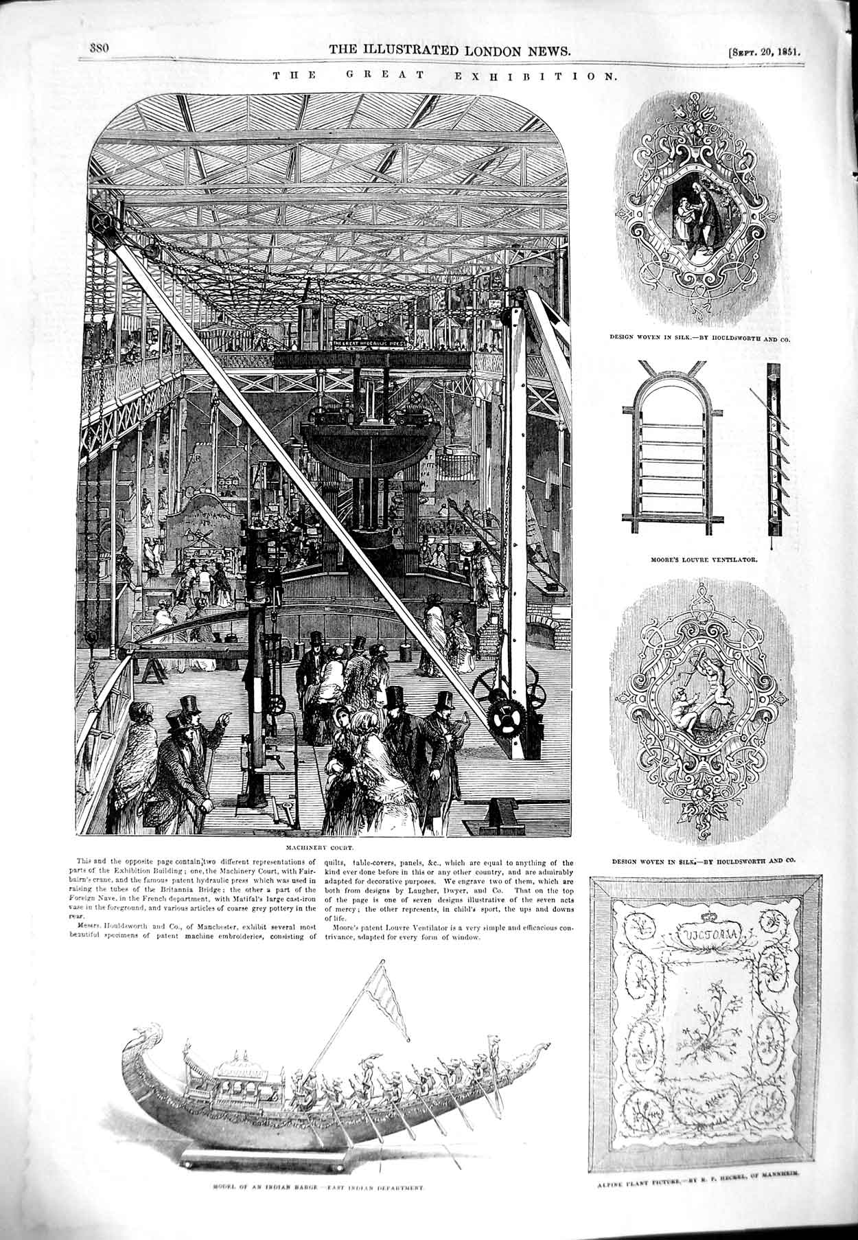 Original Old Antique Print 1851 Machinery Exhibition Indian Barge Bust Buller