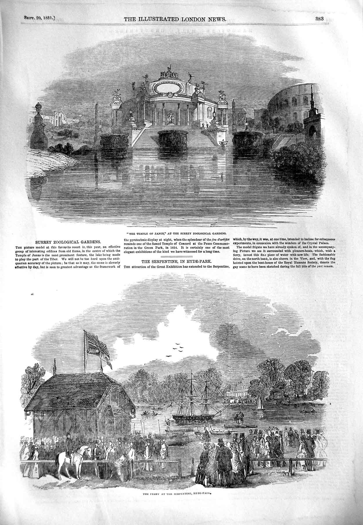 Old Antique Print 1851 Temple Janus Ferry Hyde Park Hardwick Hall Garden 19th