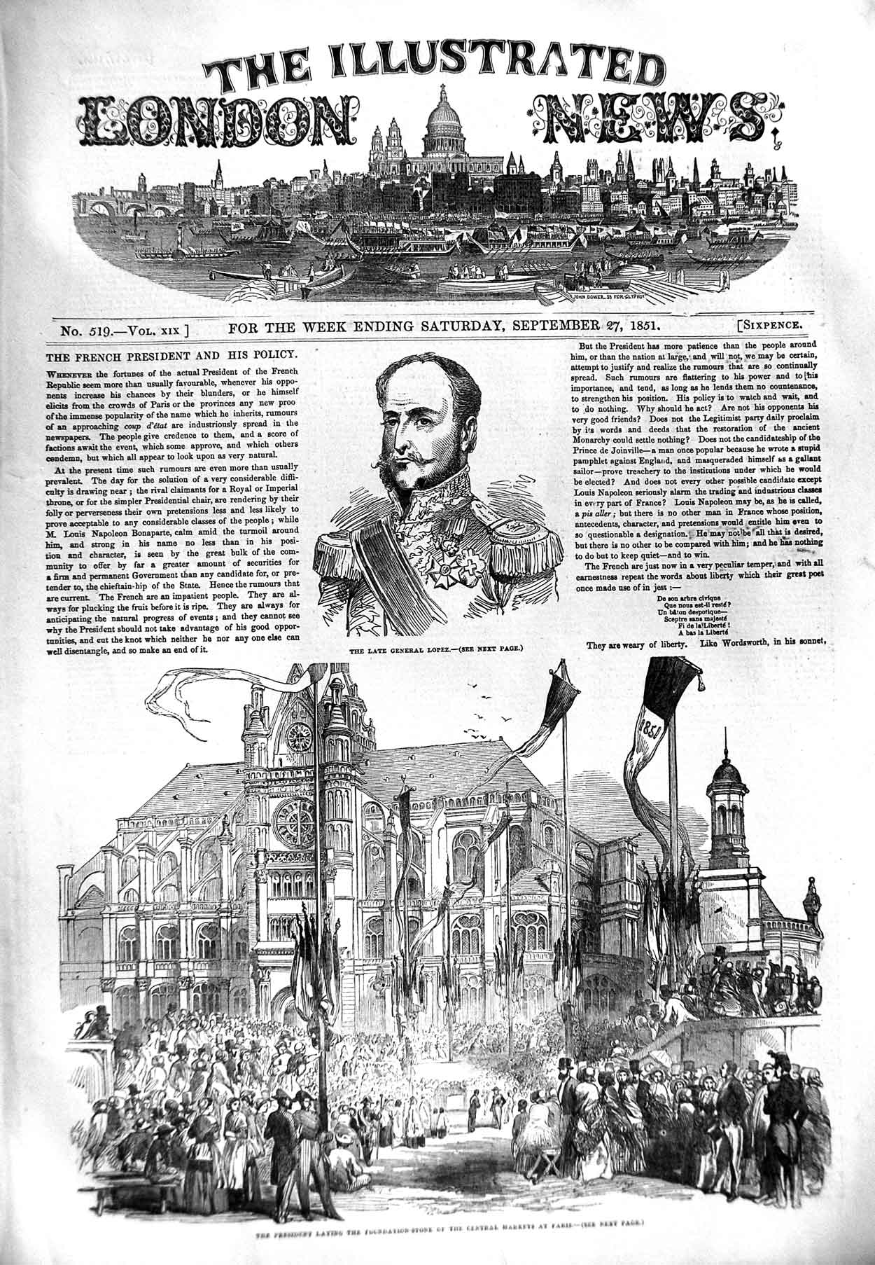Original Old Antique Print 1851 General Lopez President Central Markets Paris