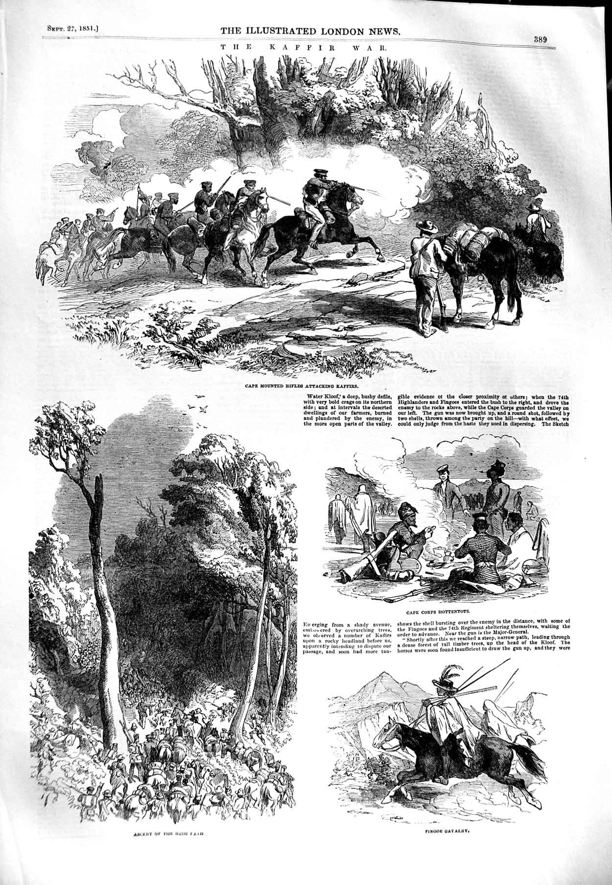 Original Old Antique Print 1851 Kaffir War Cape Horns Hottentots Fingoe 19th
