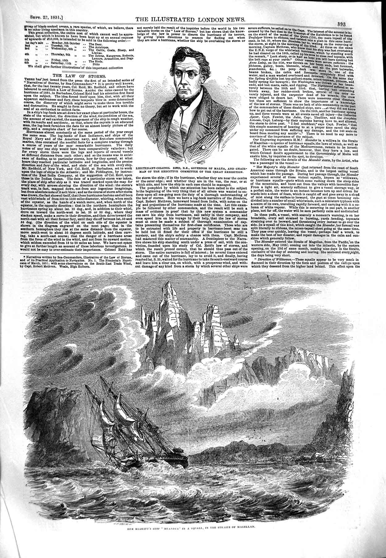 Original Old Antique Print 1851 Reid Governor Malta Queen Ship Meander Magellan