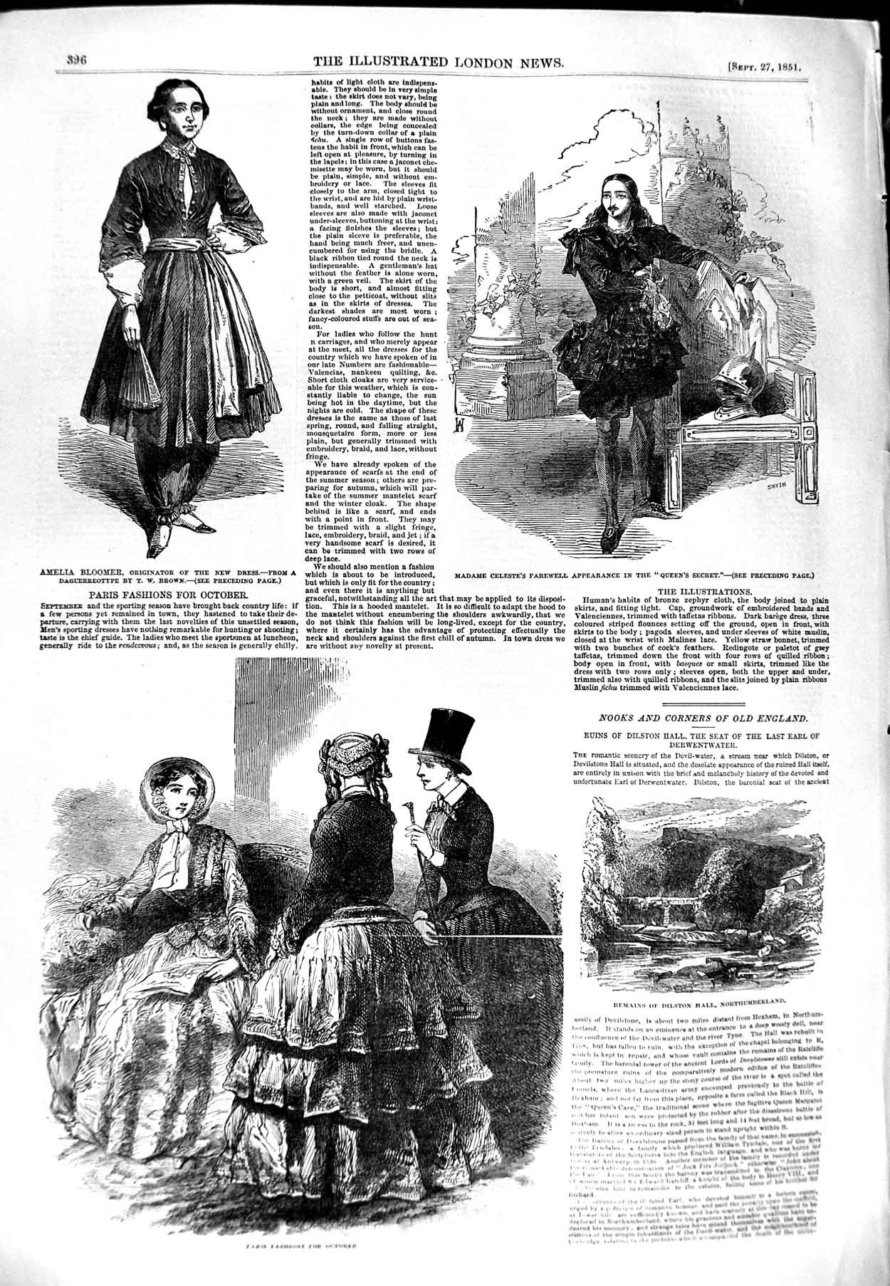 Original Old Antique Print 1851 Paris Fashions Amelia Bloomer Celeste Victorian