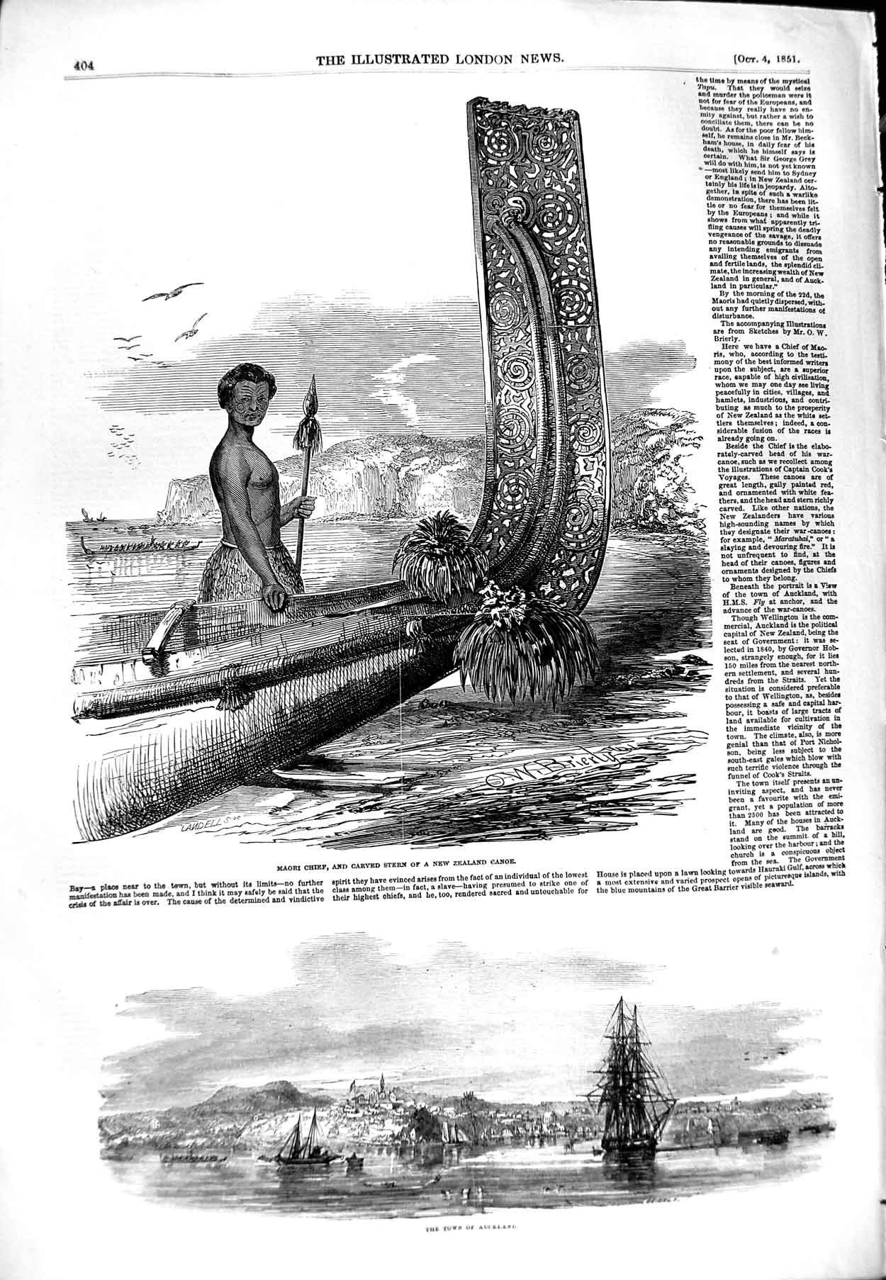 Original Old Antique Print 1851 Mairo Chief New Zealand Canoe View A Victorian
