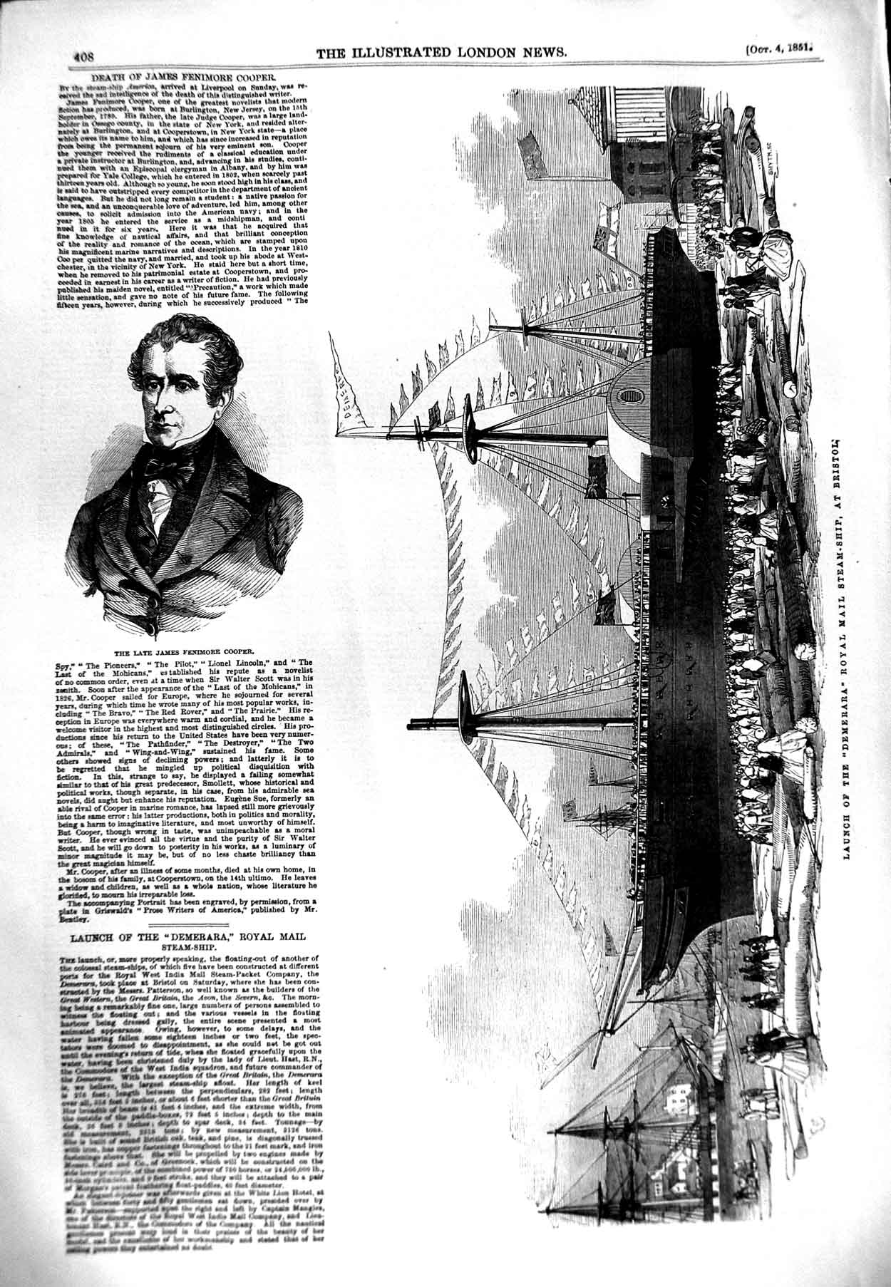 Original Old Antique Print 1851 James Cooper Ship Royal Mail Steamer D Victorian