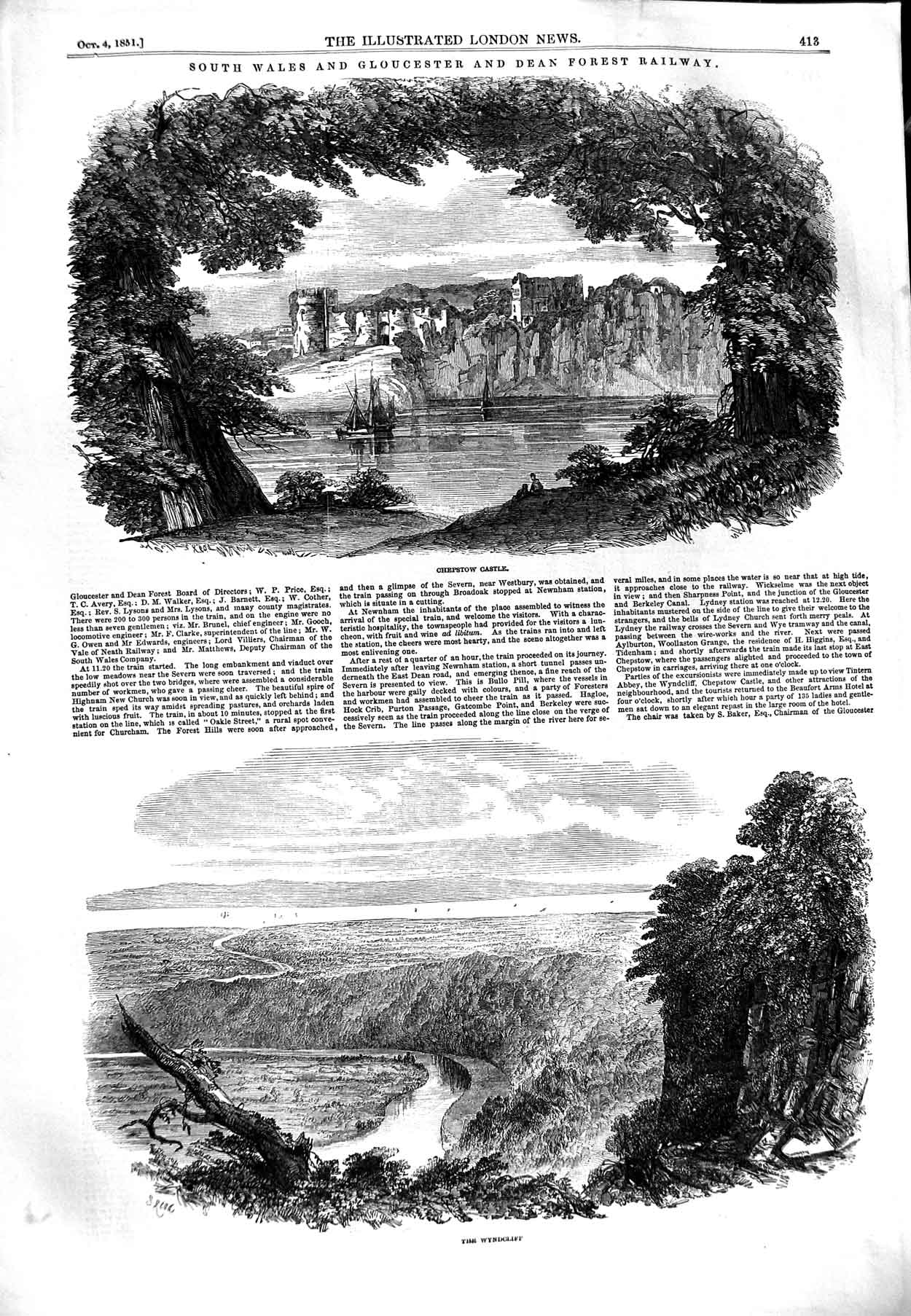Original Old Antique Print 1851 Chepstow Castle Wyndcliff Wales Gloucester 19th