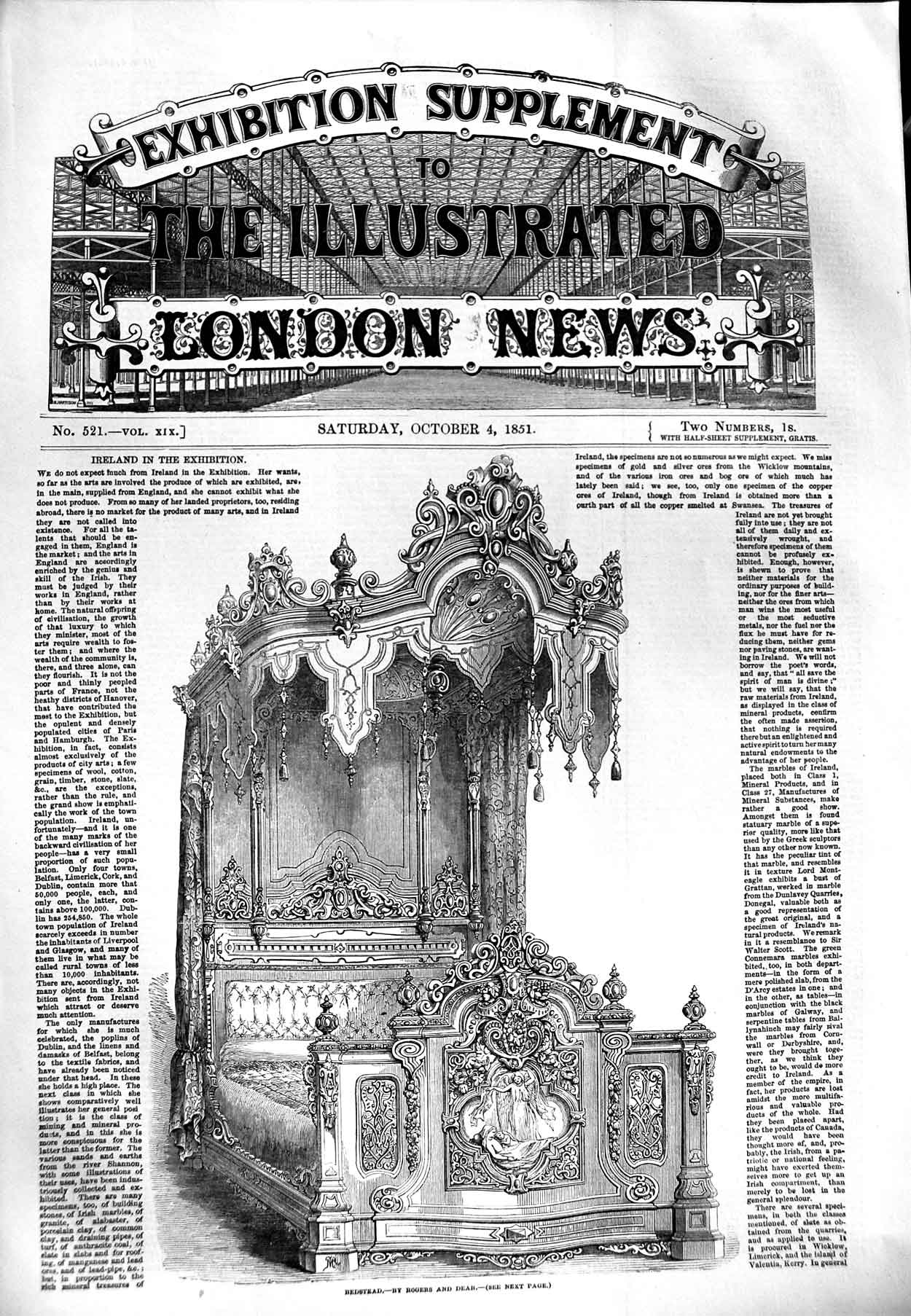 Original Old Antique Print 1851 Bedstead Furniture Roger Dear Bed Victorian