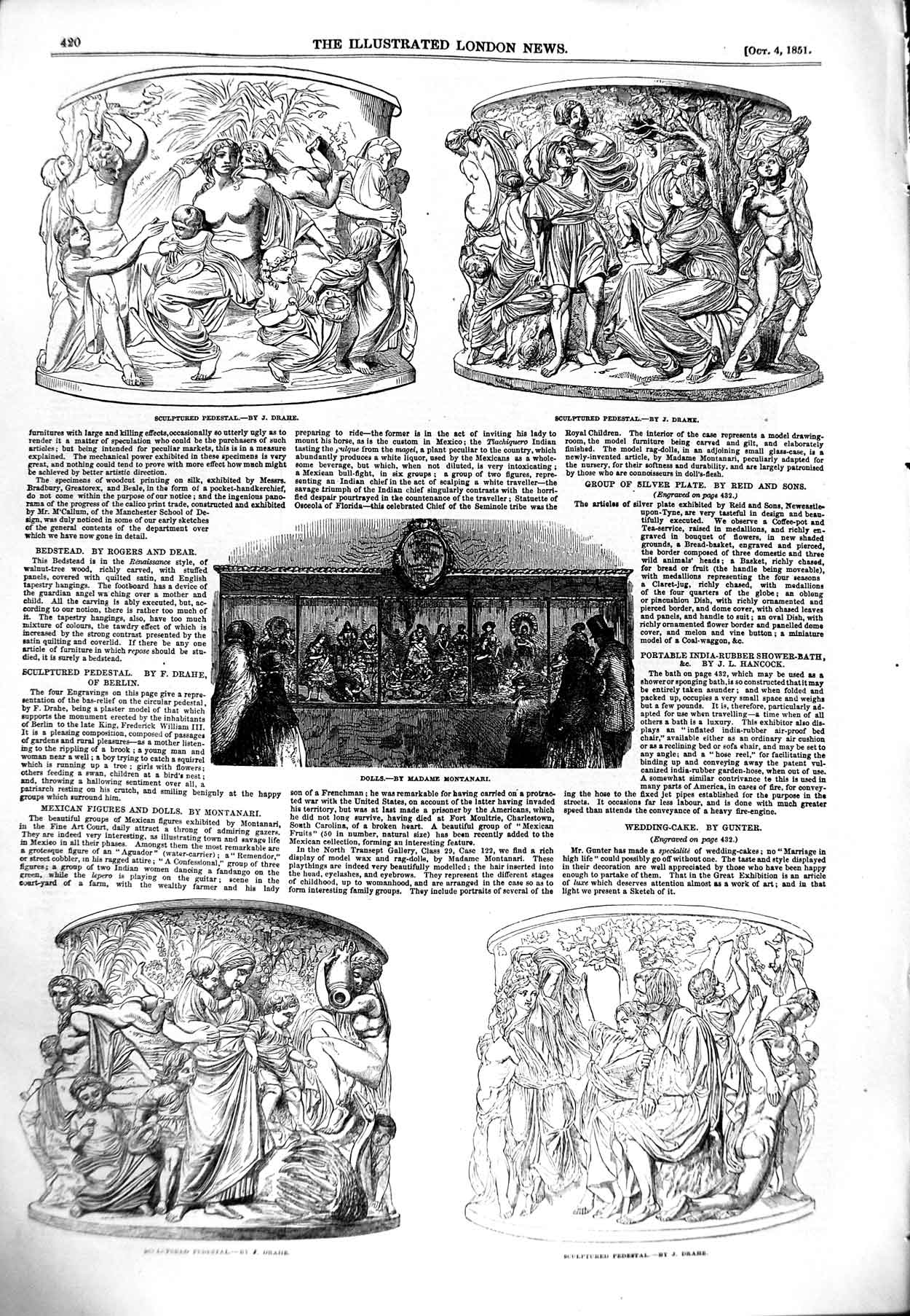 Original Old Antique Print 1851 Sculptured Pedestal Dolls Madame Montanar 19th