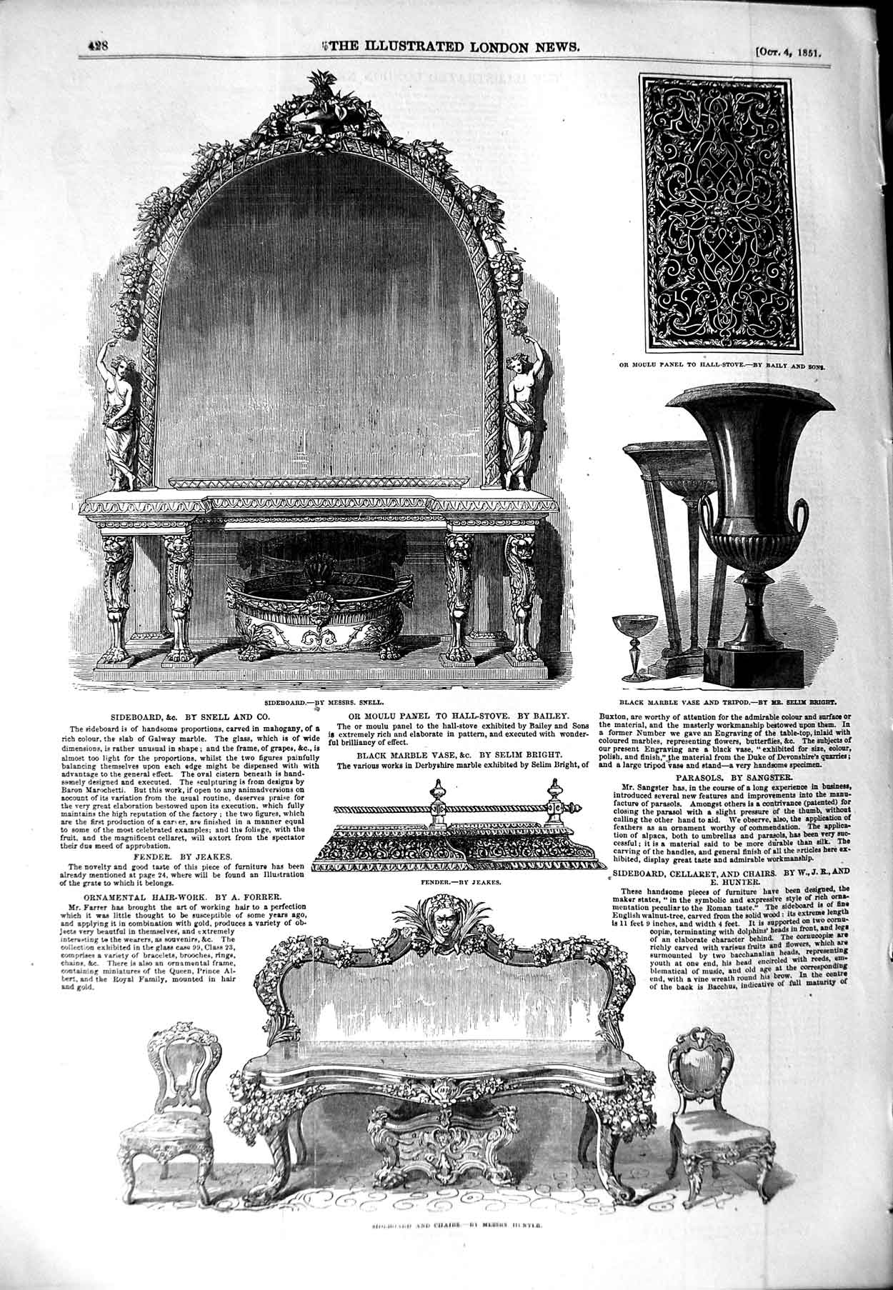 Original Old Antique Print 1851 Sideboard Furniture Chairs Snell Marble Vase