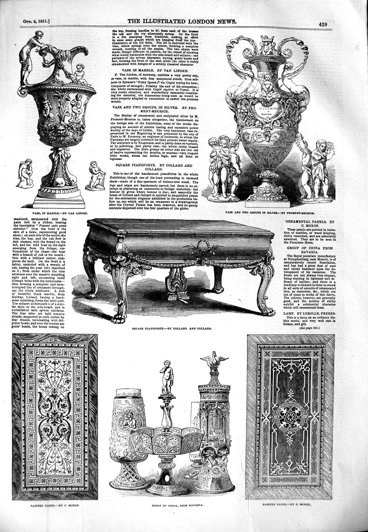 Original Old Antique Print 1851 Square Pianoforte Vase Marble Group China Panel
