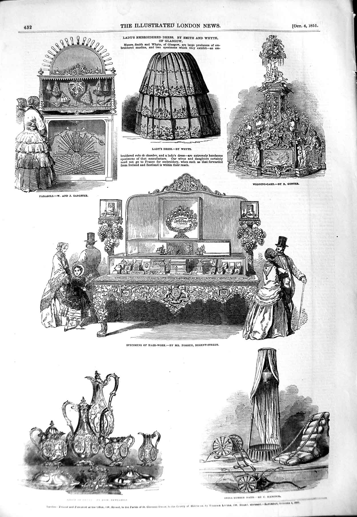 Old Antique Print 1851 Hair Work Forrer Parasols Silver India-Rubber Bath 19th