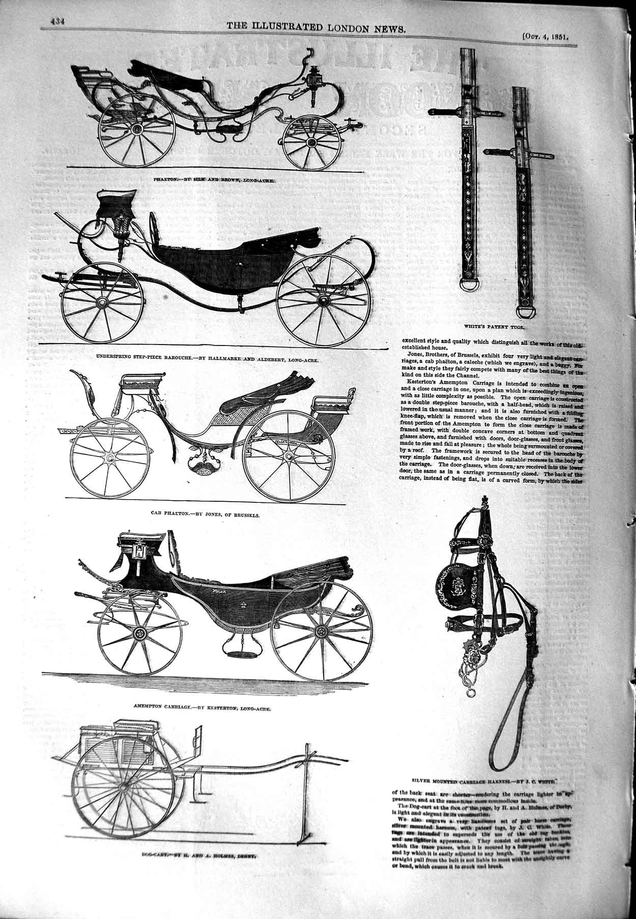 Original Old Antique Print 1851 Phaeton Barouche Dog-Cart Carriage Victorian