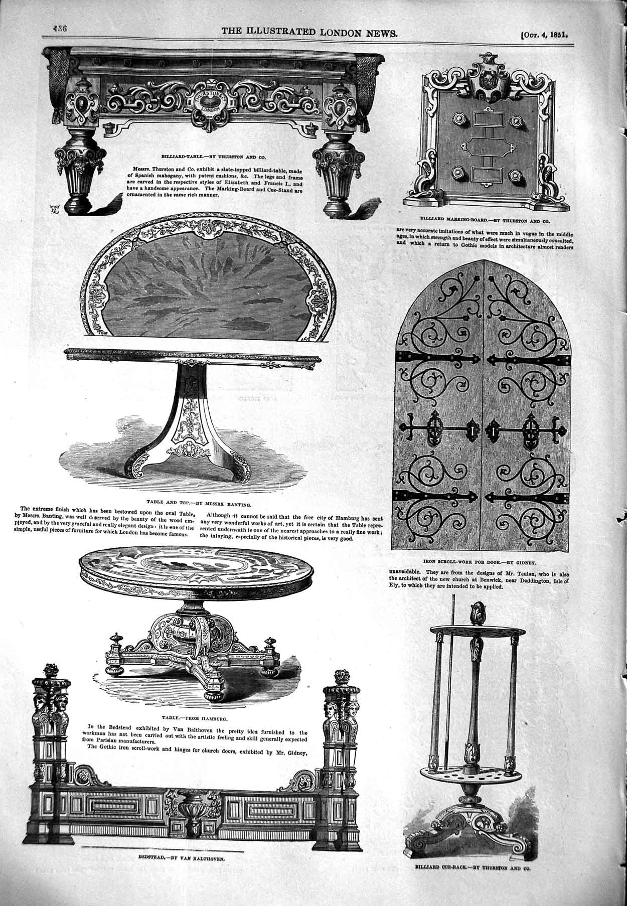 Original Old Antique Print 1851 Billiard Table Furniture Lace Pattern Curtain