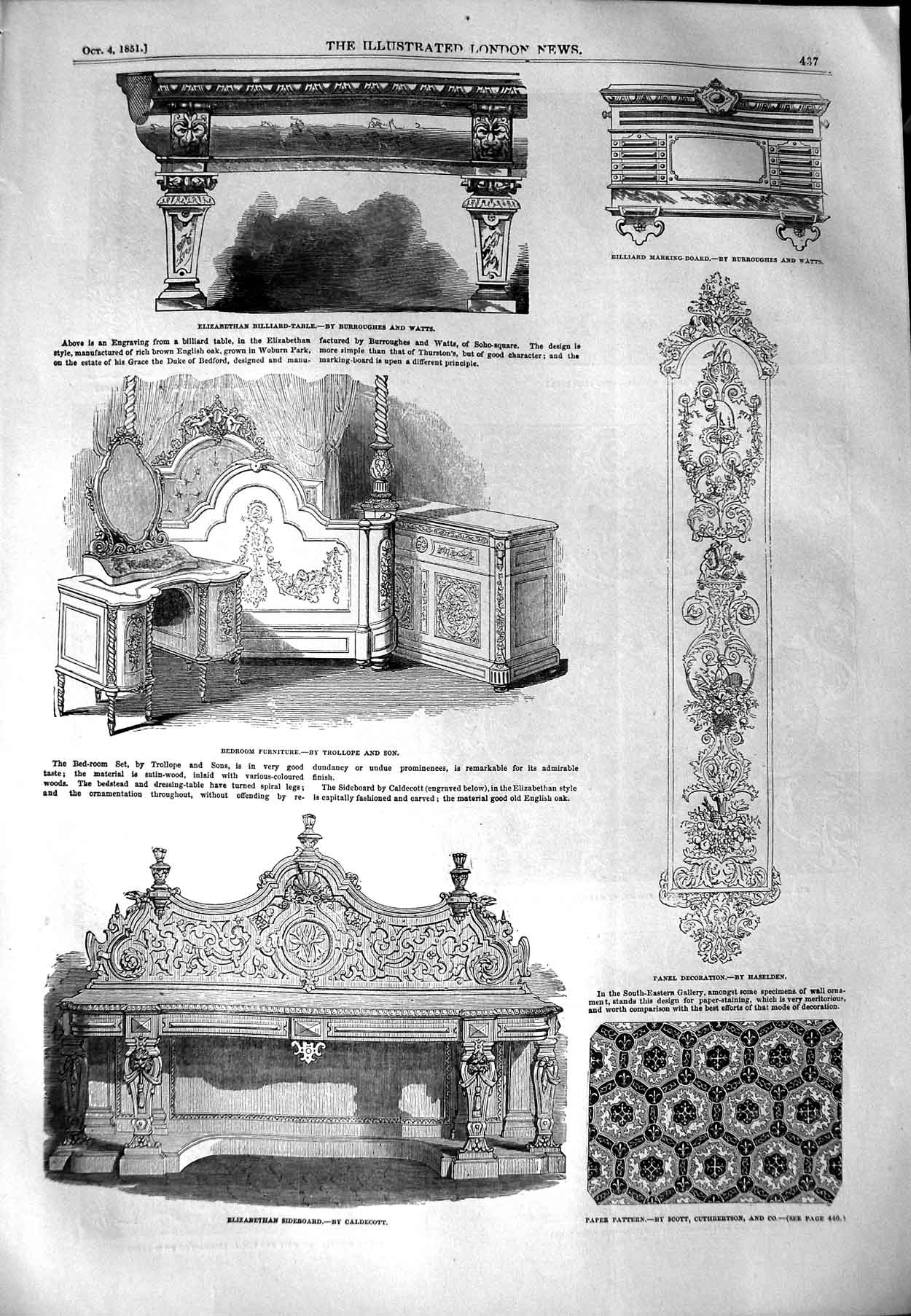 Original Old Antique Print 1851 Elizabethan Billiard Table Furniture Dama 19th