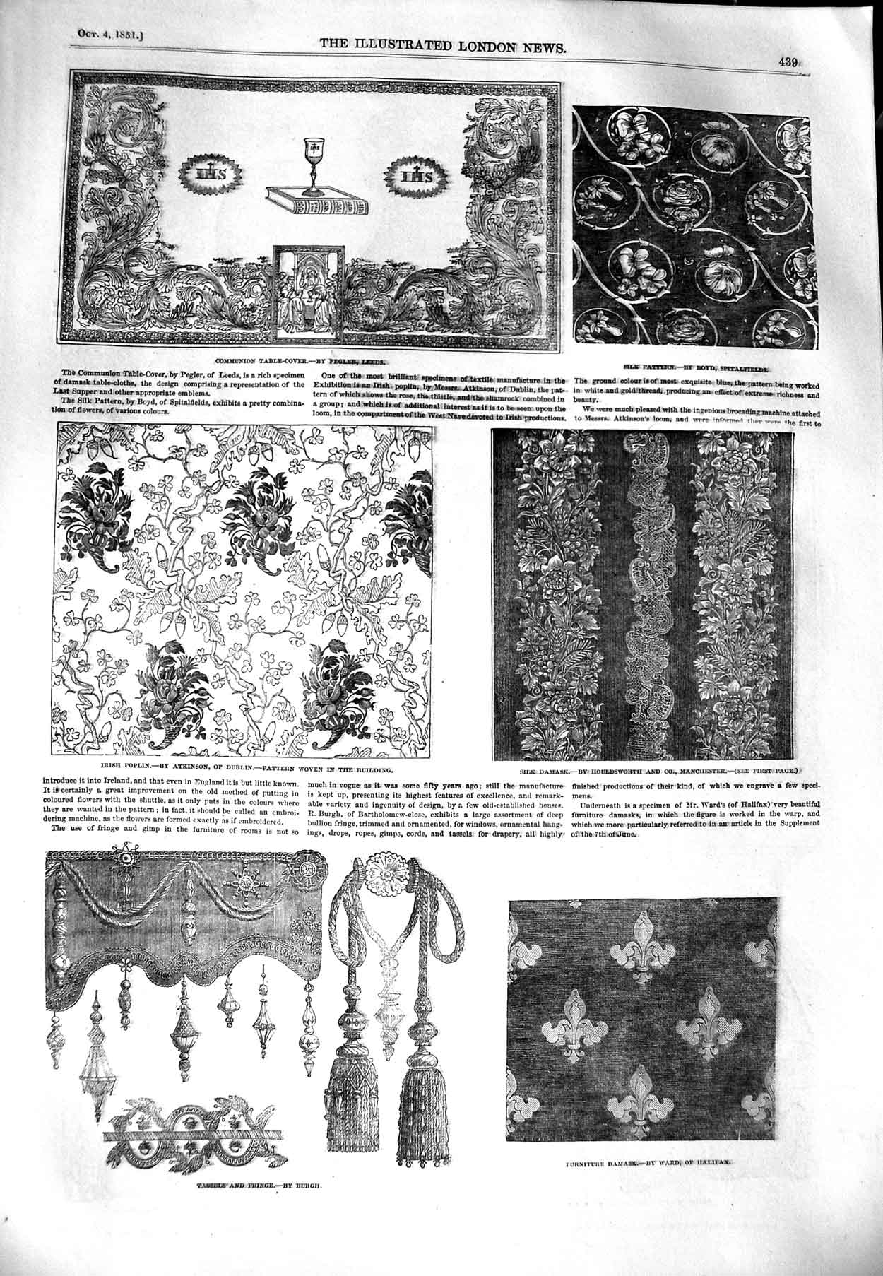 Original Old Antique Print 1851 Irish Poplin Damask Pattern Pianoforte Pattern