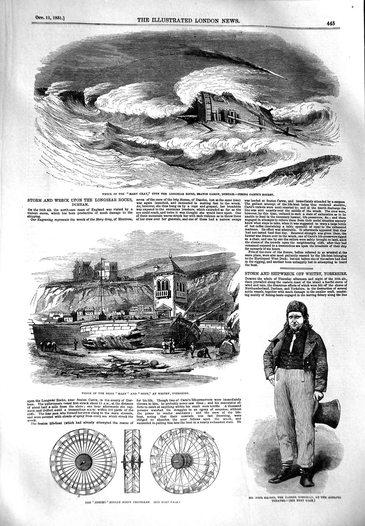 Original Old Antique Print 1851 Ship Mary Gray Longsear Durham Silsbee Coburg