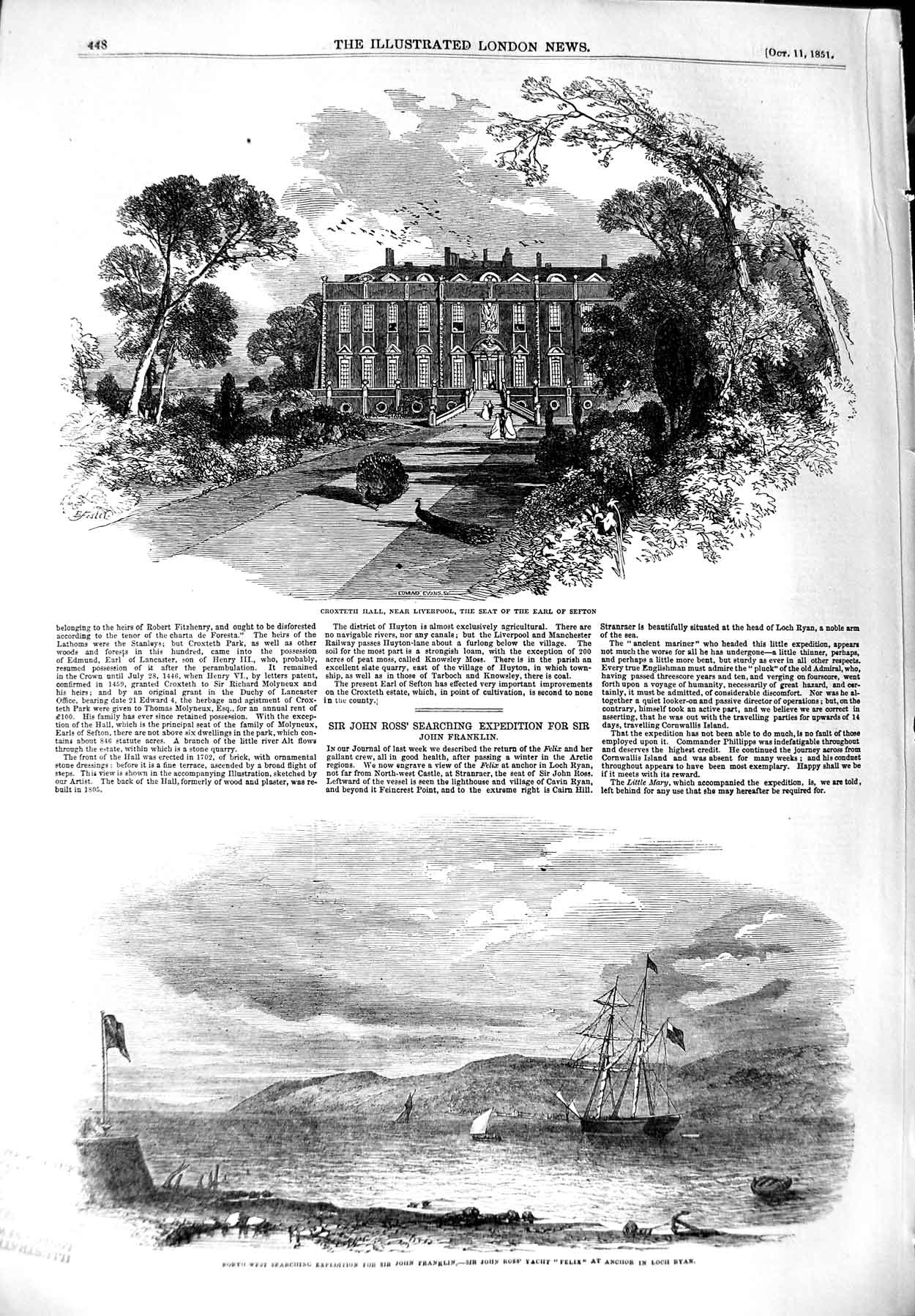 Old Antique Print 1851 Croxteth Liverpool John Ross Yacht Felix Loch Ryan 19th