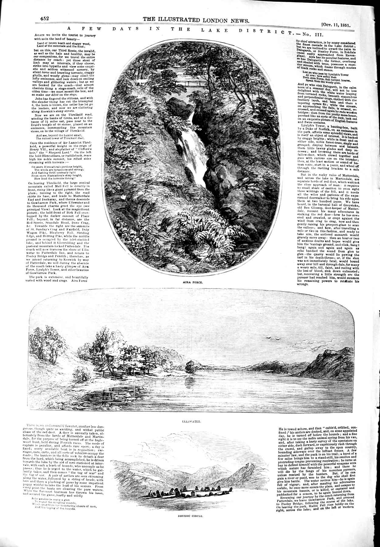 Old Antique Print 1851 Lake District Aira Force Ullswater Druidic Circle 19th