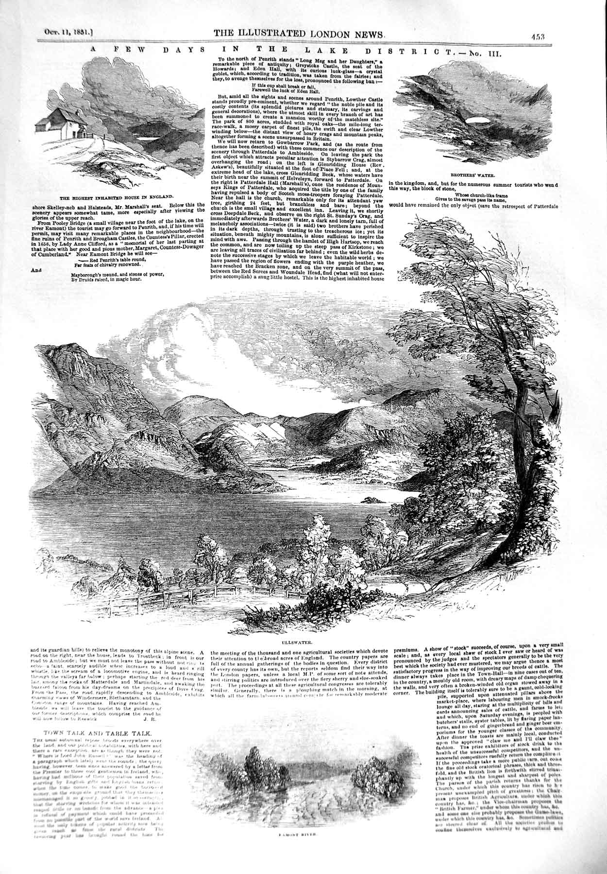 Original Old Antique Print 1851 Ullswater Eamont River Lake District B Victorian