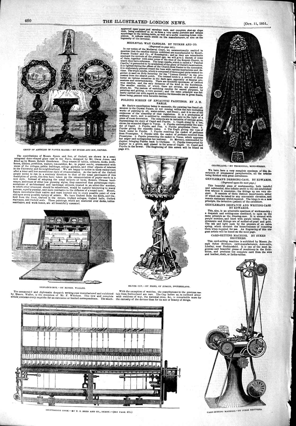 Old Antique Print 1851 Shuttleless Loom Card-Setting Machine Papier Mache 19th
