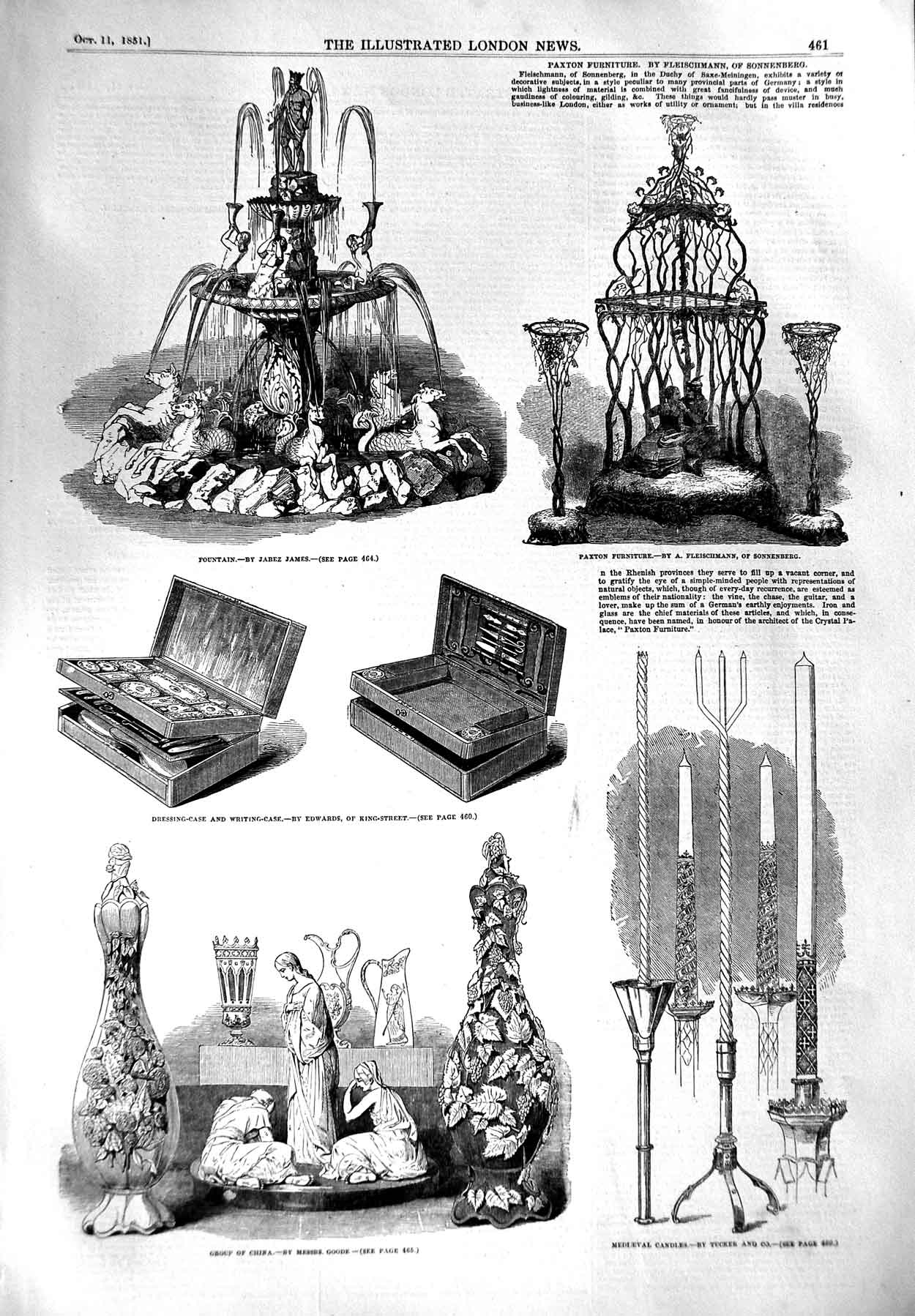 Original Old Antique Print 1851 Paxton Furniture Fountain China Candles Goode