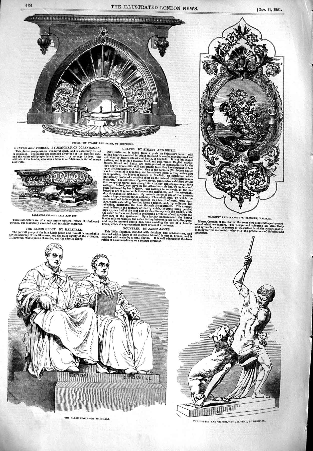Old Antique Print 1851 Stove Tapestry Pattern Eldon Group Hunter Tigress 19th