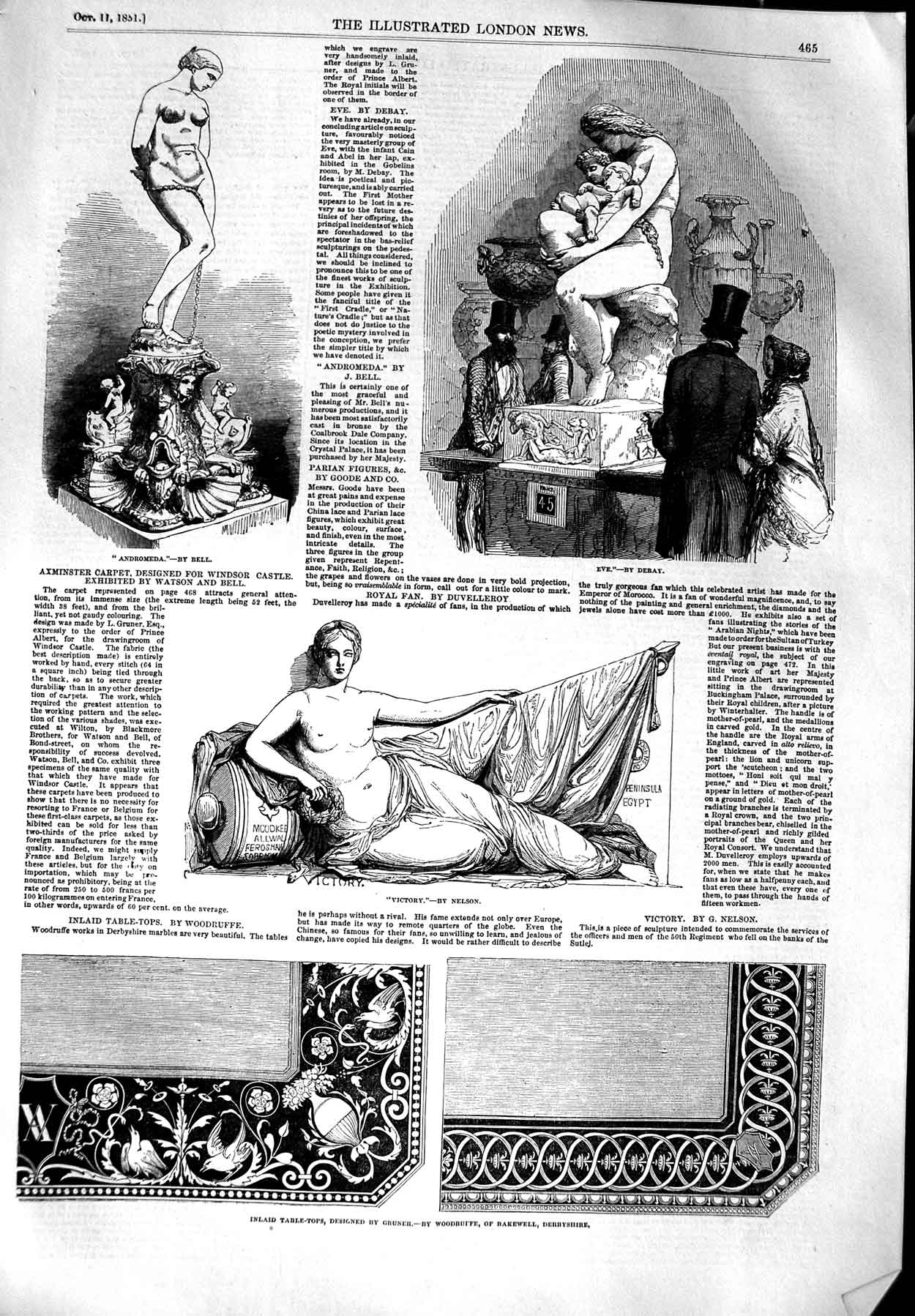 Original Old Antique Print 1851 Table-Top Design Axminster Windsor Castle Eve