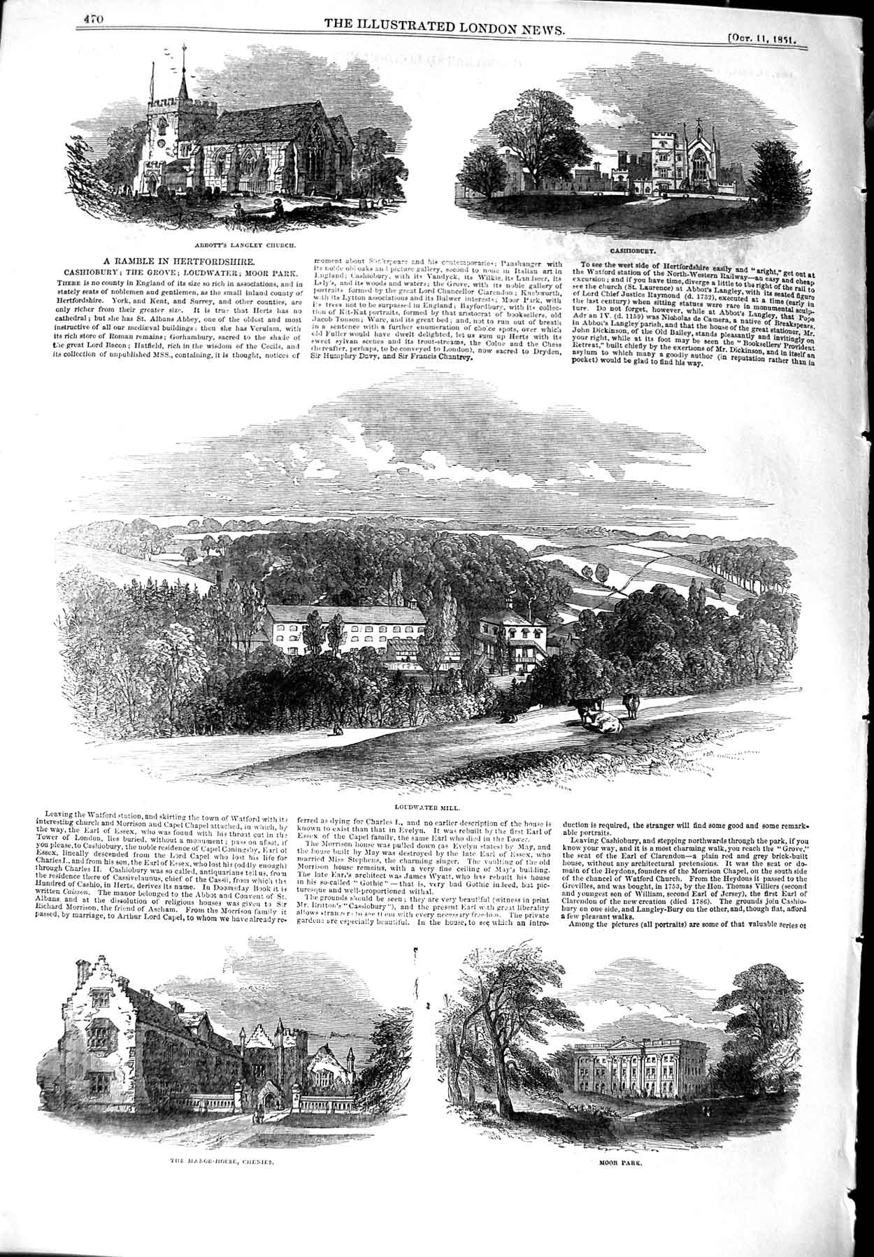 Original Old Antique Print 1851 Abbott'S Church Loudwater Mill Manor Moor Knoll