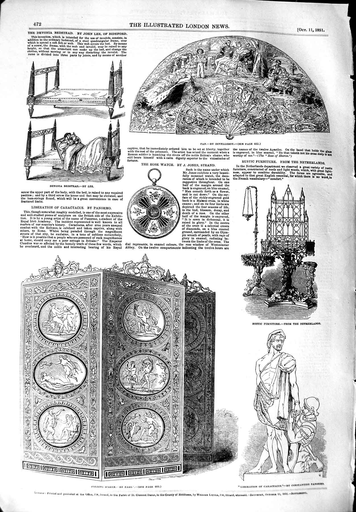 Original Old Antique Print 1851 Fing Screen Rustic Furniture Devonia Bedstead