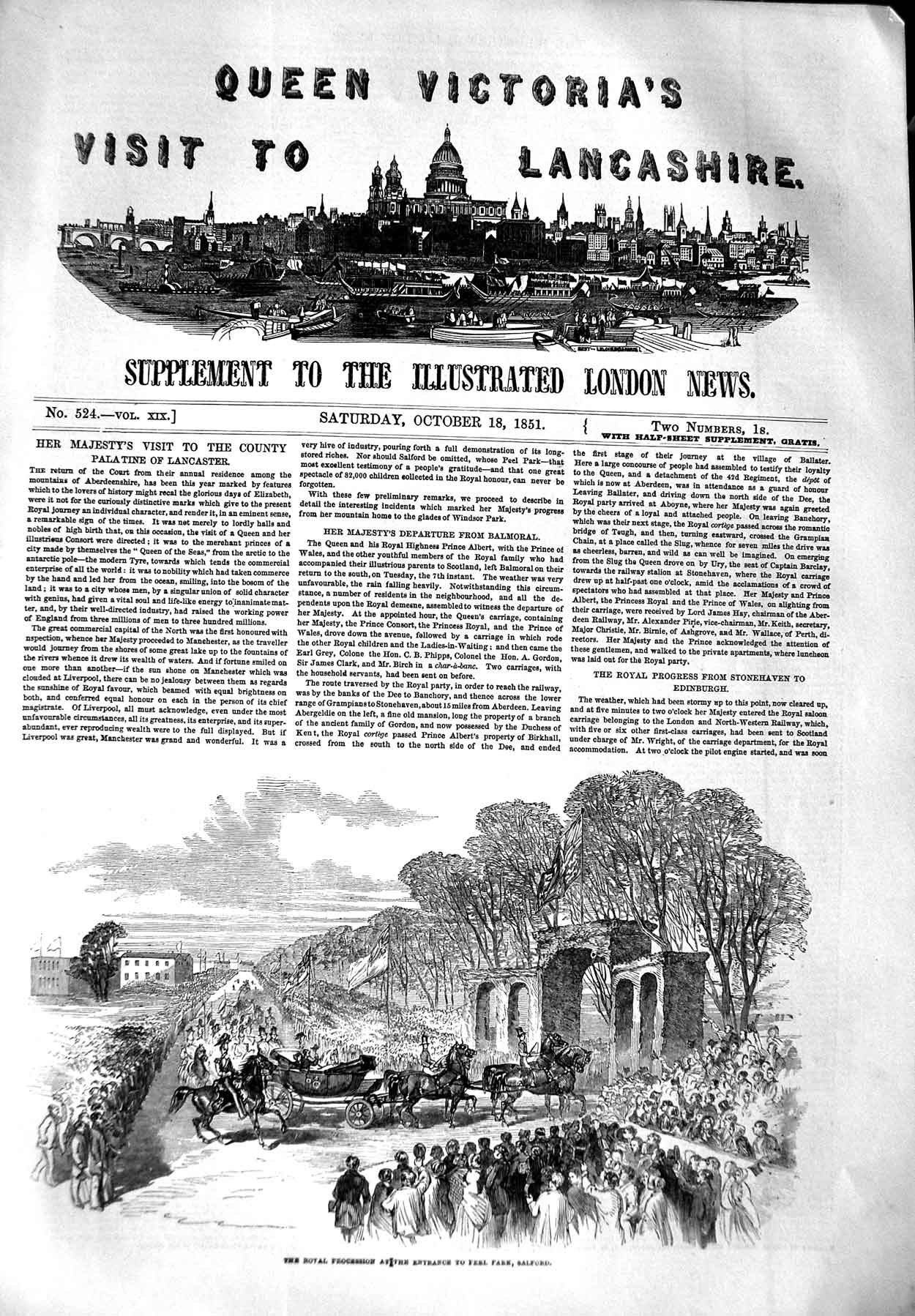 Original Old Antique Print 1851 Royal Procession Entrance Peel Park Salford