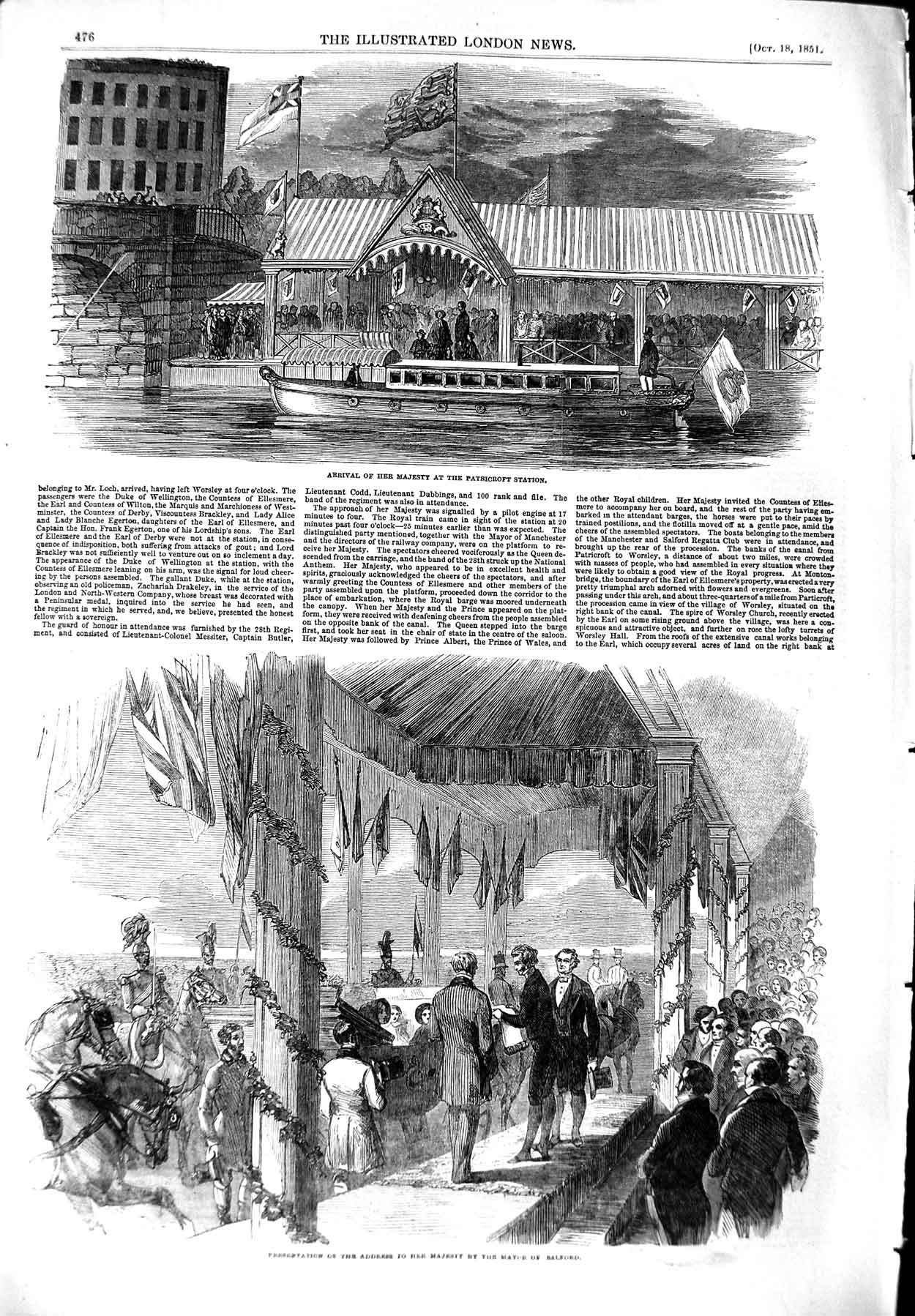 Original Old Antique Print 1851 Queen Pathricroft Station Boat Mayor Victorian