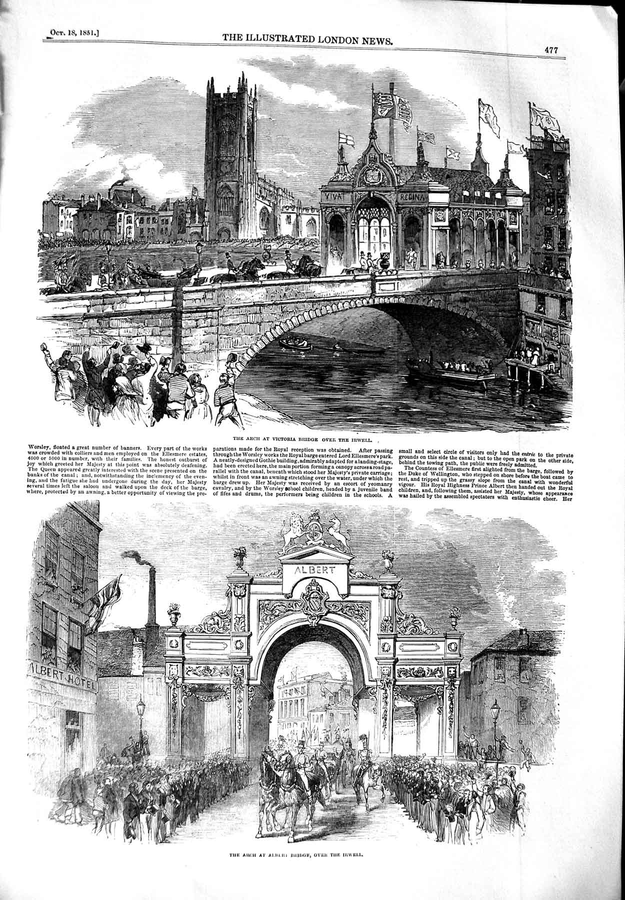 Original Old Antique Print 1851 Arch Victoria Bridge Albert River Irwell Boats