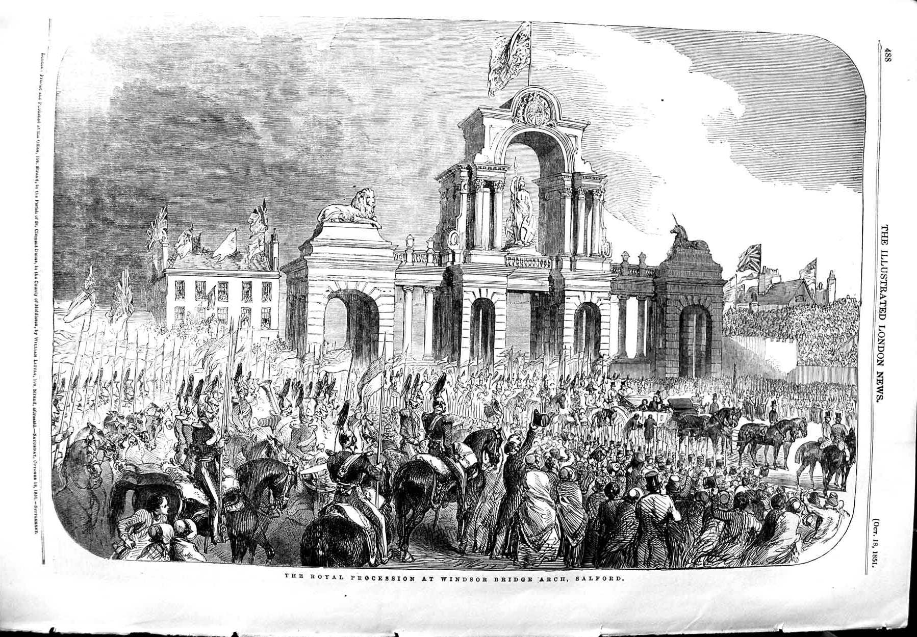 Original Old Antique Print 1851 Royal Procession Windsor Bridge Arch Salford