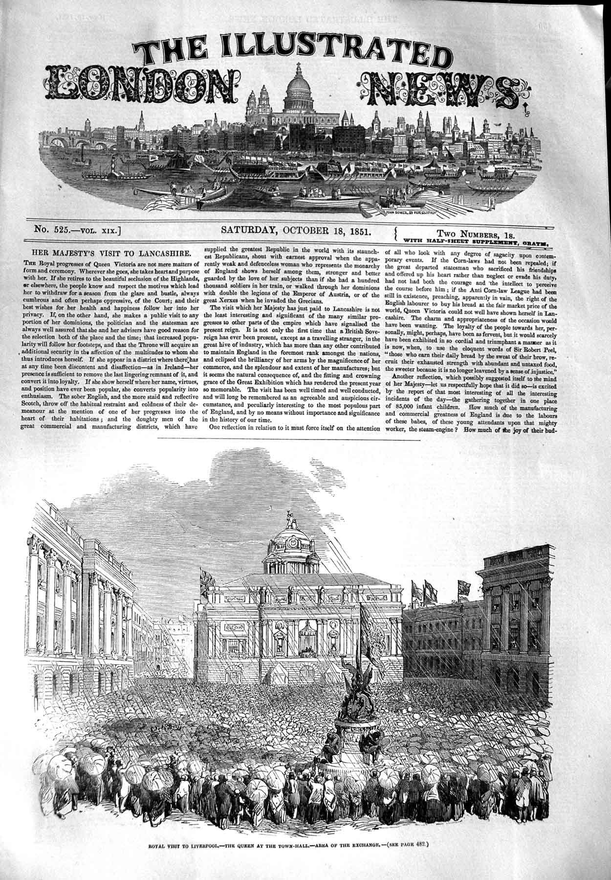 Original Old Antique Print 1851 Royal Visit Liverpool Queen Town Hall E 19th
