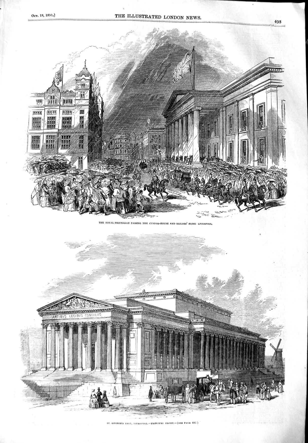 Old Antique Print 1851 St. George'S Hall Liverpool Custom-House Sailors 19th