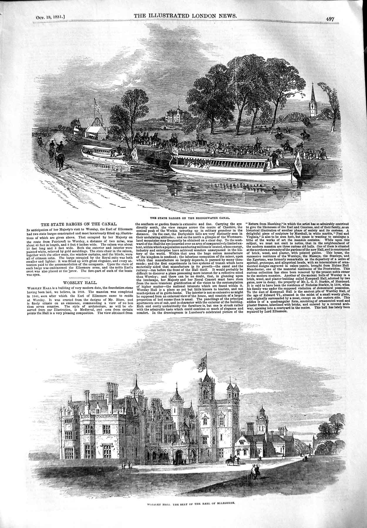 Original Old Antique Print 1851 State Barge Bridgewater Canal Worsley El 19th