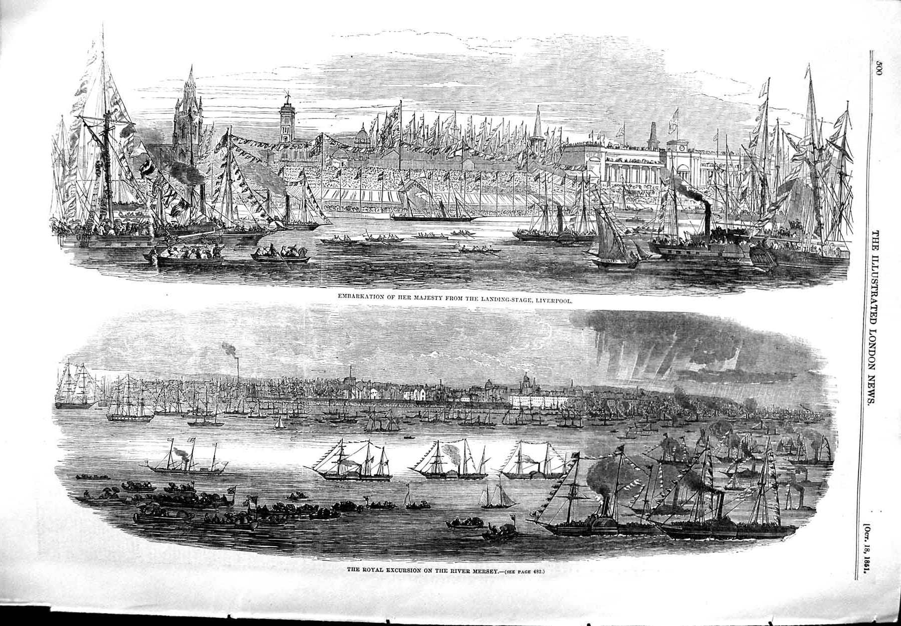 Old Antique Print 1851 Queen Ship Liverpool Royal Excursion River Mersey 19th