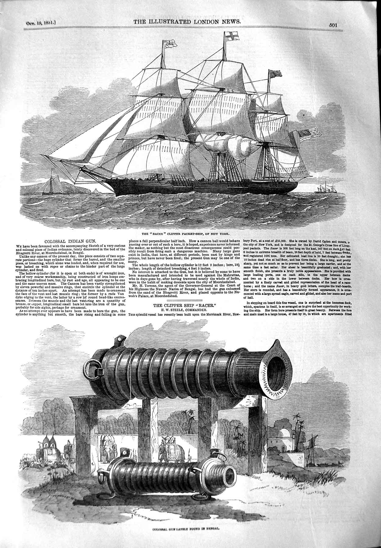 Original Old Antique Print 1851 Racer Clipper Packet Ship New York Gun Bengal
